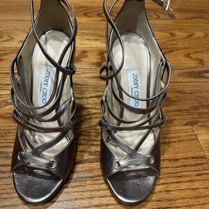 Jimmy Choo Silver Stiletto Heels with Strappy Design